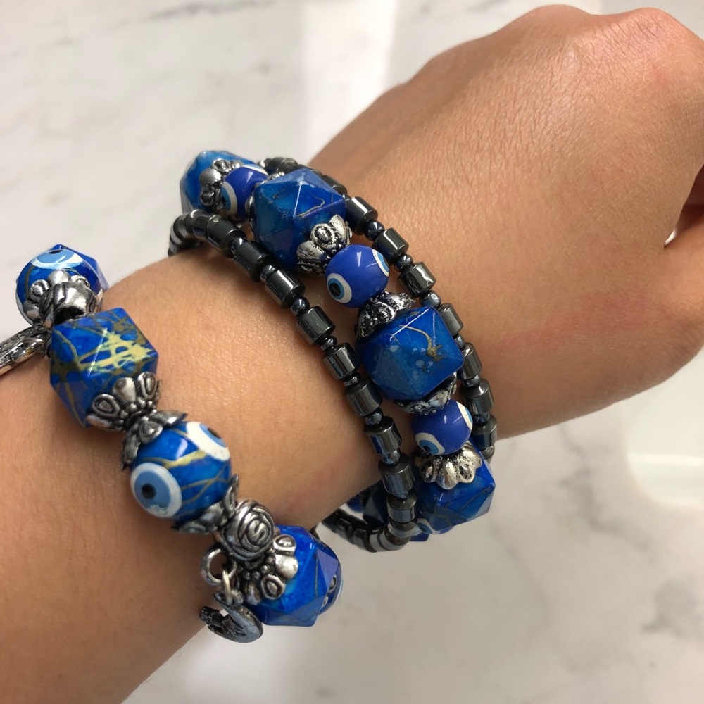 Blue gray protect evil eye 2 bracelets
